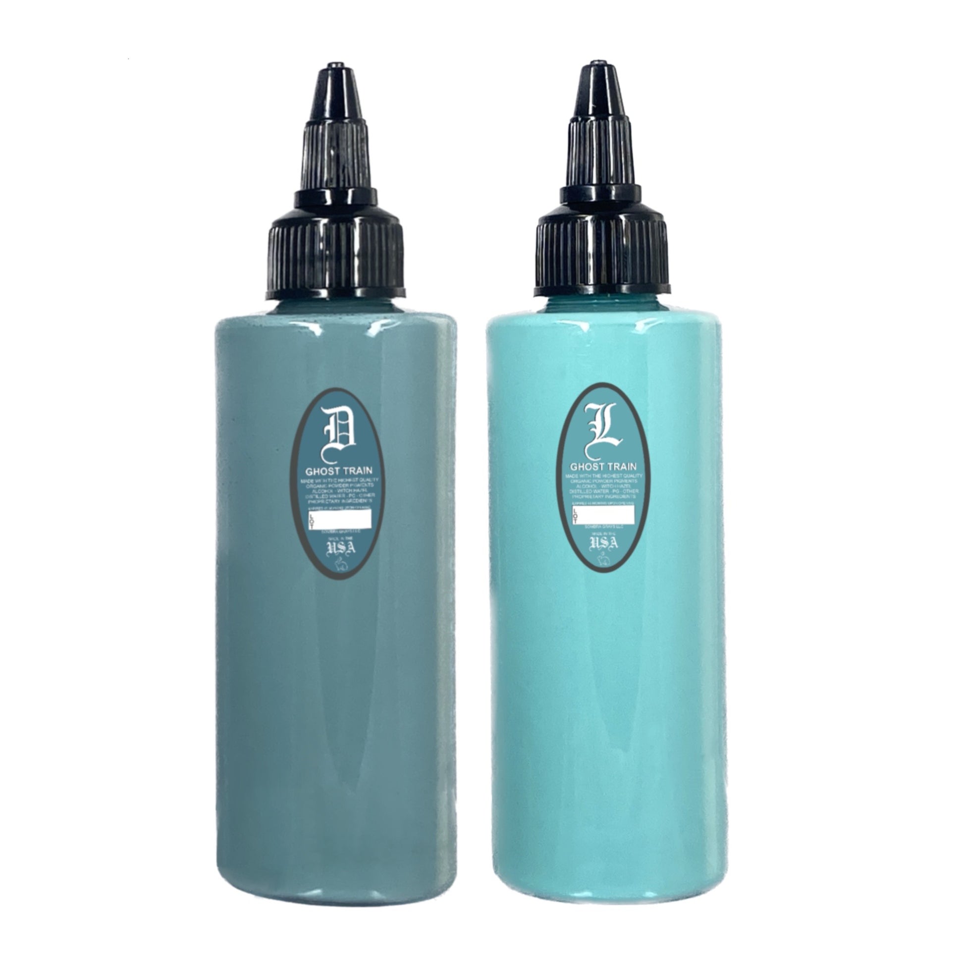 Two bottles of tattooing ink, one labeled as 'A' and the other as 'B', in shades of gray and green. bottle of tattoo ink. for tattooers, made in new mexico, marketed in austin texas. for black and gray tattooing Intro Sets
Magical Black
Denim Dark Wash
Denim Medium Wash
Denim Light Wash
Opaque Dark Wash
Opaque Medium Wash
Opaque Light Wash
Classic Dark Wash
Classic Medium Wash
Classic Light Wash
Stencil Majik
Primer Gray
Magical White
Purple Haze
Ghost Train Haze
Paynes Gray
Denim Wash Set
Opaque Wash Set
C