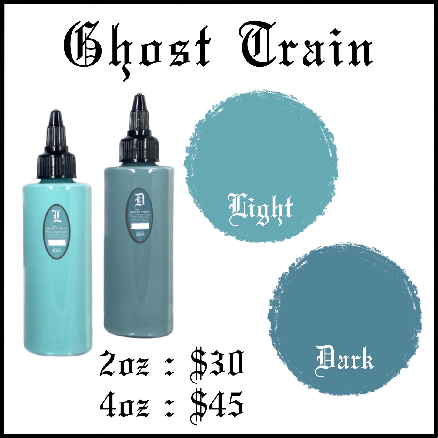 bottle of tattoo ink. for tattooers, made in new mexico, marketed in austin texas. for black and gray tattooing Intro Sets
Magical Black
Denim Dark Wash
Denim Medium Wash
Denim Light Wash
Opaque Dark Wash
Opaque Medium Wash
Opaque Light Wash
Classic Dark Wash
Classic Medium Wash
Classic Light Wash
Stencil Majik
Primer Gray
Magical White
Purple Haze
Ghost Train Haze
Paynes Gray
Denim Wash Set
Opaque Wash Set
Classic Wash Set
Dispersing Solution
