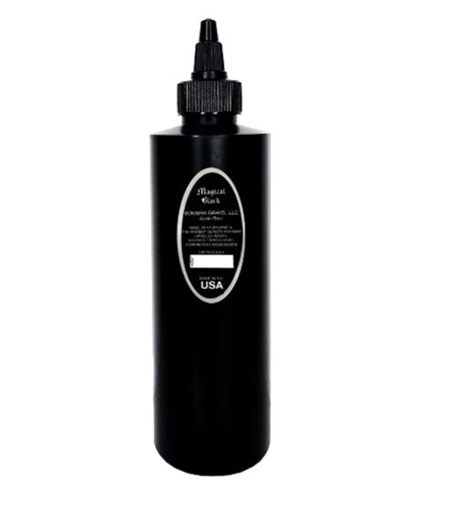 A black bottle of tattoo ink with a label indicating it is a product called 'Magical Black' for tattooing, with a cap on top and information on the label.
Intro Sets
Magical Black
Denim Dark Wash
Denim Medium Wash
Denim Light Wash
Opaque Dark Wash
Opaque Medium Wash
Opaque Light Wash
Classic Dark Wash
Classic Medium Wash
Classic Light Wash
Stencil Majik
Primer Gray
Magical White
Purple Haze
Ghost Train Haze
Paynes Gray
Denim Wash Set
Opaque Wash Set
Classic Wash Set
Dispersing Solution
