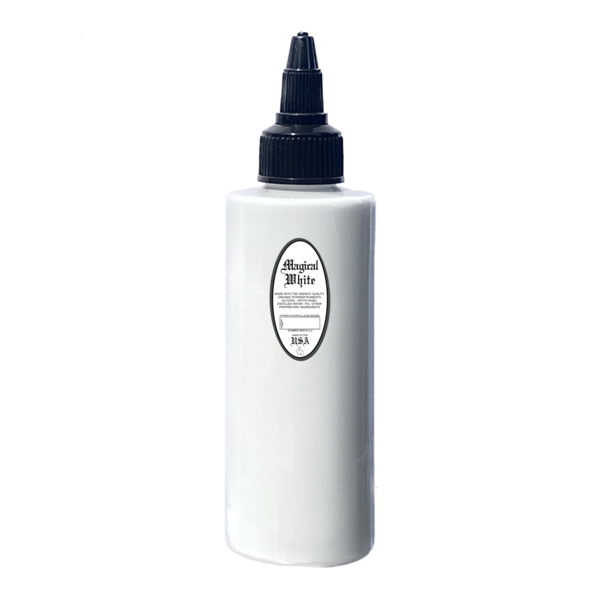 A white bottle with a black cap and label that reads 'Magical White'.
bottle of tattoo ink. for tattooers, made in new mexico, marketed in austin texas. for black and gray tattooing Intro Sets
Magical Black
Denim Dark Wash
Denim Medium Wash
Denim Light Wash
Opaque Dark Wash
Opaque Medium Wash
Opaque Light Wash
Classic Dark Wash
Classic Medium Wash
Classic Light Wash
Stencil Majik
Primer Gray
Magical White
Purple Haze
Ghost Train Haze
Paynes Gray
Denim Wash Set
Opaque Wash Set
Classic Wash Set
Dispersing Sol