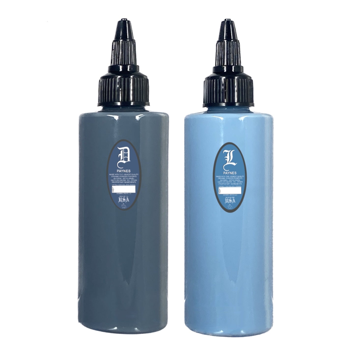 Two bottles of Paynes Gray tattooing ink, one labeled as light and the other as dark, both with black caps and blue labels.
bottle of tattoo ink. for tattooers, made in new mexico, marketed in austin texas. for black and gray tattooing Intro Sets
Magical Black
Denim Dark Wash
Denim Medium Wash
Denim Light Wash
Opaque Dark Wash
Opaque Medium Wash
Opaque Light Wash
Classic Dark Wash
Classic Medium Wash
Classic Light Wash
Stencil Majik
Primer Gray
Magical White
Purple Haze
Ghost Train Haze
Paynes Gray
Denim Wa