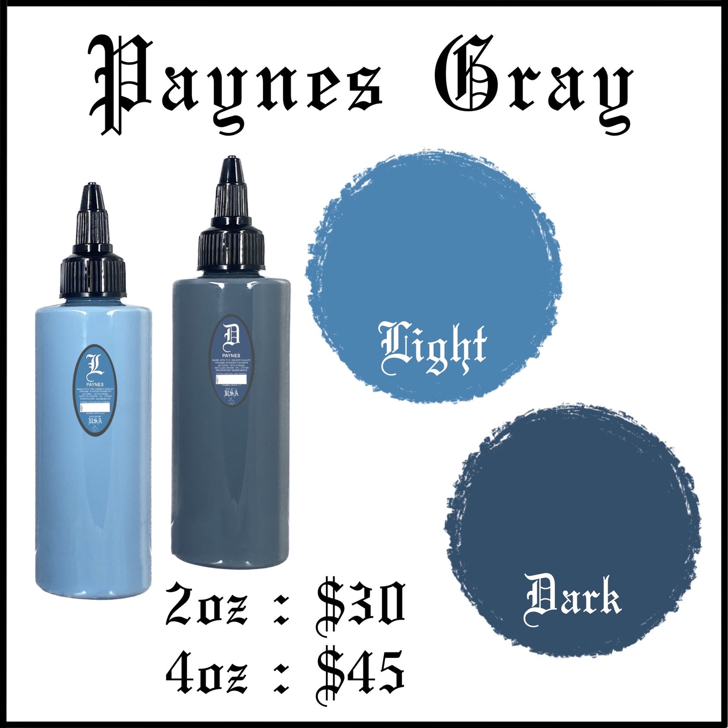 bottle of tattoo ink. for tattooers, made in new mexico, marketed in austin texas. for black and gray tattooing Intro Sets
Magical Black
Denim Dark Wash
Denim Medium Wash
Denim Light Wash
Opaque Dark Wash
Opaque Medium Wash
Opaque Light Wash
Classic Dark Wash
Classic Medium Wash
Classic Light Wash
Stencil Majik
Primer Gray
Magical White
Purple Haze
Ghost Train Haze
Paynes Gray
Denim Wash Set
Opaque Wash Set
Classic Wash Set
Dispersing Solution
