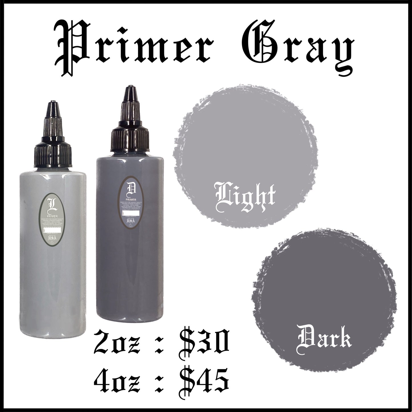 bottle of tattoo ink. for tattooers, made in new mexico, marketed in austin texas. for black and gray tattooing Intro Sets
Magical Black
Denim Dark Wash
Denim Medium Wash
Denim Light Wash
Opaque Dark Wash
Opaque Medium Wash
Opaque Light Wash
Classic Dark Wash
Classic Medium Wash
Classic Light Wash
Stencil Majik
Primer Gray
Magical White
Purple Haze
Ghost Train Haze
Paynes Gray
Denim Wash Set
Opaque Wash Set
Classic Wash Set
Dispersing Solution
