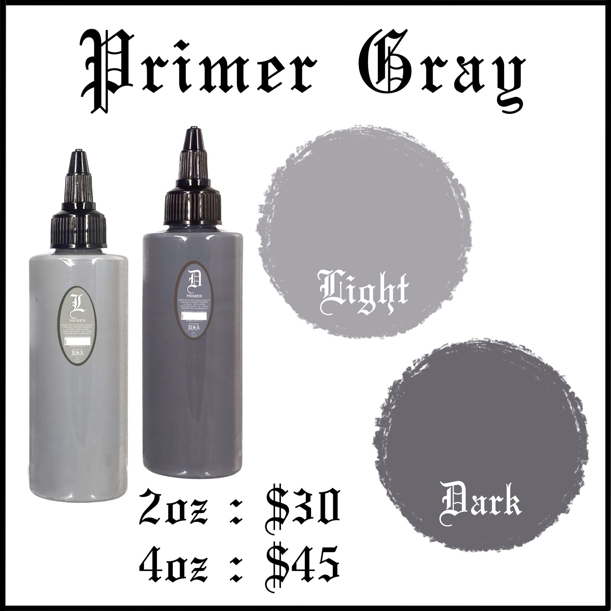 bottle of tattoo ink. for tattooers, made in new mexico, marketed in austin texas. for black and gray tattooing Intro Sets
Magical Black
Denim Dark Wash
Denim Medium Wash
Denim Light Wash
Opaque Dark Wash
Opaque Medium Wash
Opaque Light Wash
Classic Dark Wash
Classic Medium Wash
Classic Light Wash
Stencil Majik
Primer Gray
Magical White
Purple Haze
Ghost Train Haze
Paynes Gray
Denim Wash Set
Opaque Wash Set
Classic Wash Set
Dispersing Solution
