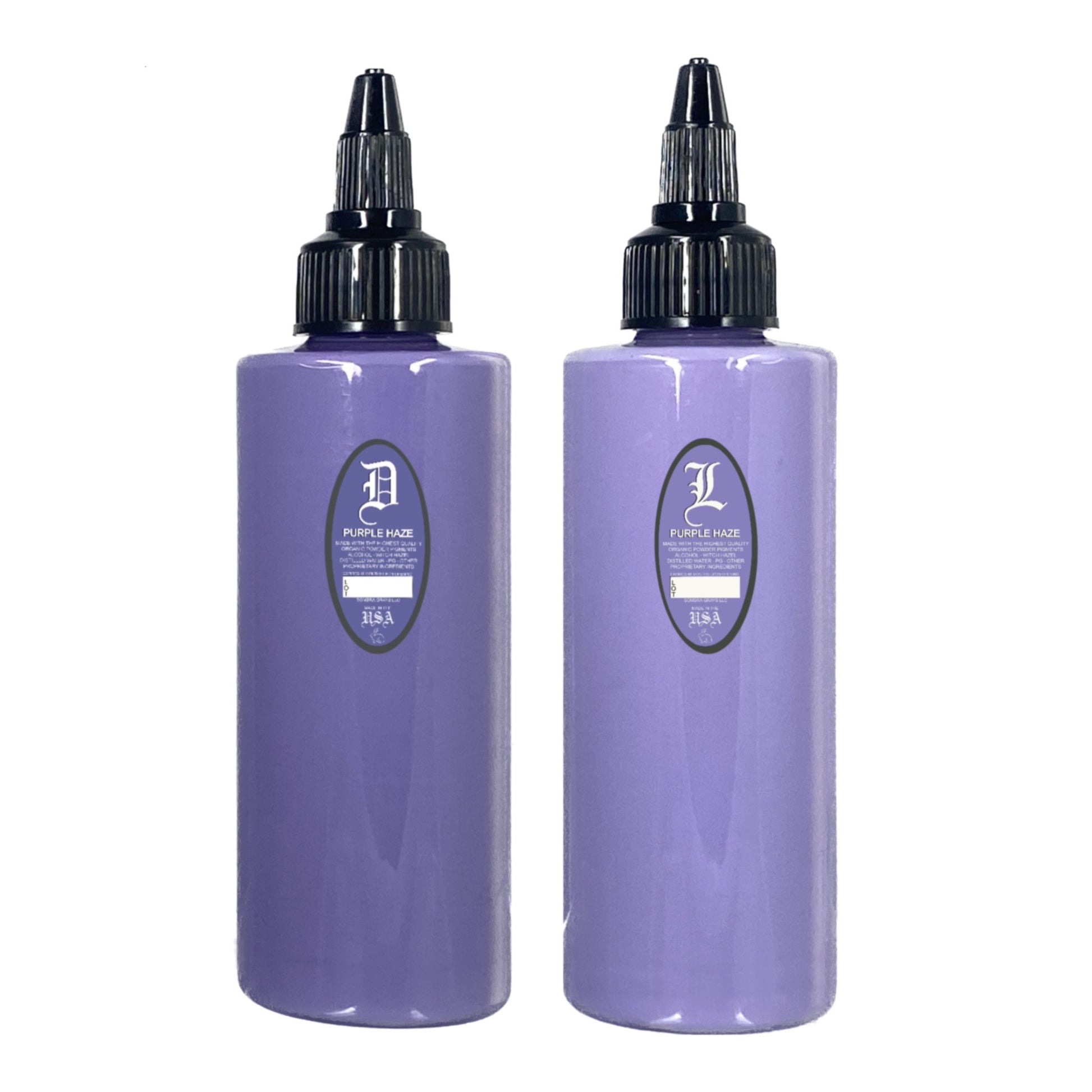 Two bottles of tattooing ink in purple color with dropper caps. bottle of tattoo ink. for tattooers, made in new mexico, marketed in austin texas. for black and gray tattooing Intro Sets
Magical Black
Denim Dark Wash
Denim Medium Wash
Denim Light Wash
Opaque Dark Wash
Opaque Medium Wash
Opaque Light Wash
Classic Dark Wash
Classic Medium Wash
Classic Light Wash
Stencil Majik
Primer Gray
Magical White
Purple Haze
Ghost Train Haze
Paynes Gray
Denim Wash Set
Opaque Wash Set
Classic Wash Set
Dispersing Solution
