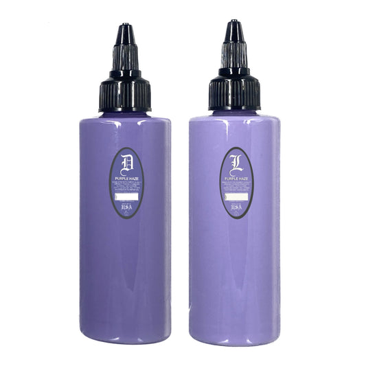 Two bottles of tattooing ink in purple color with dropper caps. bottle of tattoo ink. for tattooers, made in new mexico, marketed in austin texas. for black and gray tattooing Intro Sets
Magical Black
Denim Dark Wash
Denim Medium Wash
Denim Light Wash
Opaque Dark Wash
Opaque Medium Wash
Opaque Light Wash
Classic Dark Wash
Classic Medium Wash
Classic Light Wash
Stencil Majik
Primer Gray
Magical White
Purple Haze
Ghost Train Haze
Paynes Gray
Denim Wash Set
Opaque Wash Set
Classic Wash Set
Dispersing Solution
