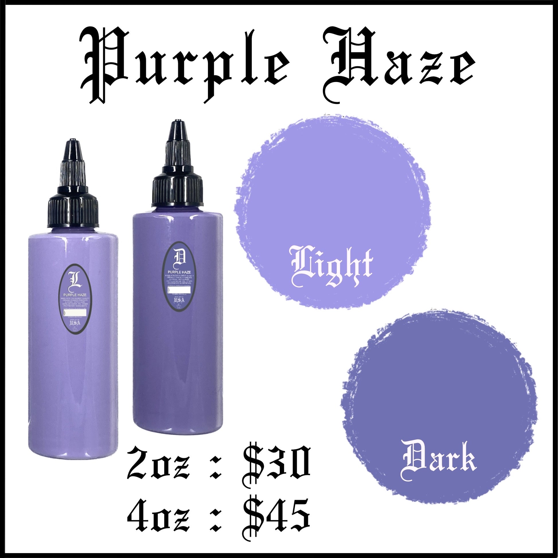 bottle of tattoo ink. for tattooers, made in new mexico, marketed in austin texas. for black and gray tattooing Intro Sets
Magical Black
Denim Dark Wash
Denim Medium Wash
Denim Light Wash
Opaque Dark Wash
Opaque Medium Wash
Opaque Light Wash
Classic Dark Wash
Classic Medium Wash
Classic Light Wash
Stencil Majik
Primer Gray
Magical White
Purple Haze
Ghost Train Haze
Paynes Gray
Denim Wash Set
Opaque Wash Set
Classic Wash Set
Dispersing Solution

