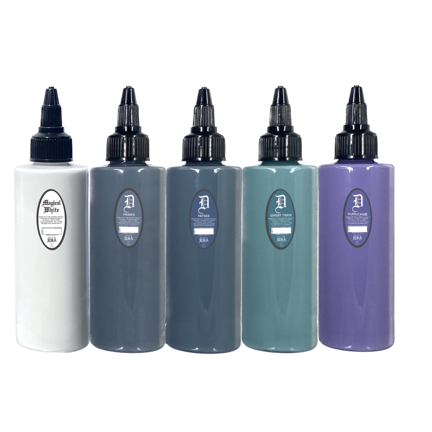 A set of five tattoo ink bottles in a line, ranging from light to dark gray tones, with labels indicating the shade.  
Intro Sets
Magical Black
Denim Dark Wash
Denim Medium Wash
Denim Light Wash
Opaque Dark Wash
Opaque Medium Wash
Opaque Light Wash
Classic Dark Wash
Classic Medium Wash
Classic Light Wash
Stencil Majik
Primer Gray
Magical White
Purple Haze
Ghost Train Haze
Paynes Gray
Denim Wash Set
Opaque Wash Set
Classic Wash Set
Dispersing Solution
